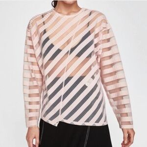 Zara pink sheer striped long sleeve top Size S